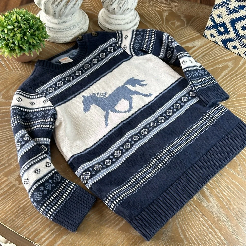 Boys Country Blue Western Cowboy Wold Horse Crewneck Gymboree Sweater size 6